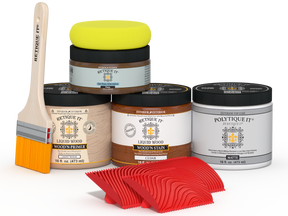 Retique It® Multi-purpose Wood'n Kit in cedar finish with matte exterior top coat, featuring wood finish application tools.