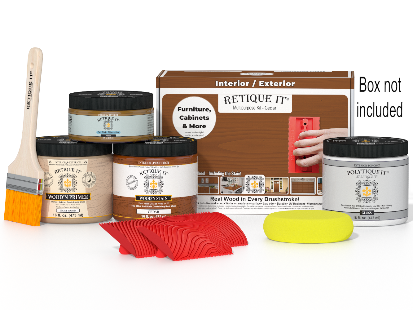 Retique It® Wood'n Kit in cedar for exterior wood finishing, includes top coat and application tools in a compact box.
