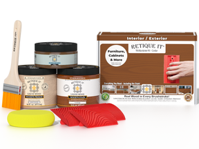 Multi-purpose Cedar Wood'n Finish Kit by Retique It® with various finishing products for wood furniture and projects.