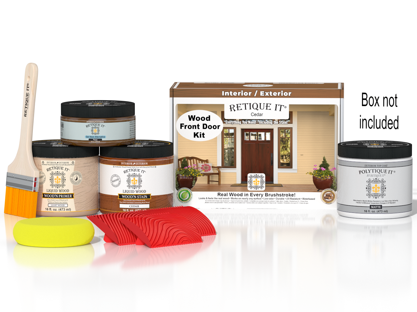 Retique It Wood'n Finish Cedar front door kit with stain, showing the door's natural cedar wood grain and included finishing supplies.