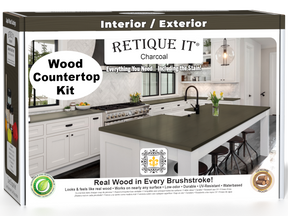 Retique It® charcoal countertop kit for kitchen islands, featuring stain samples and application tools in a 3D box display.