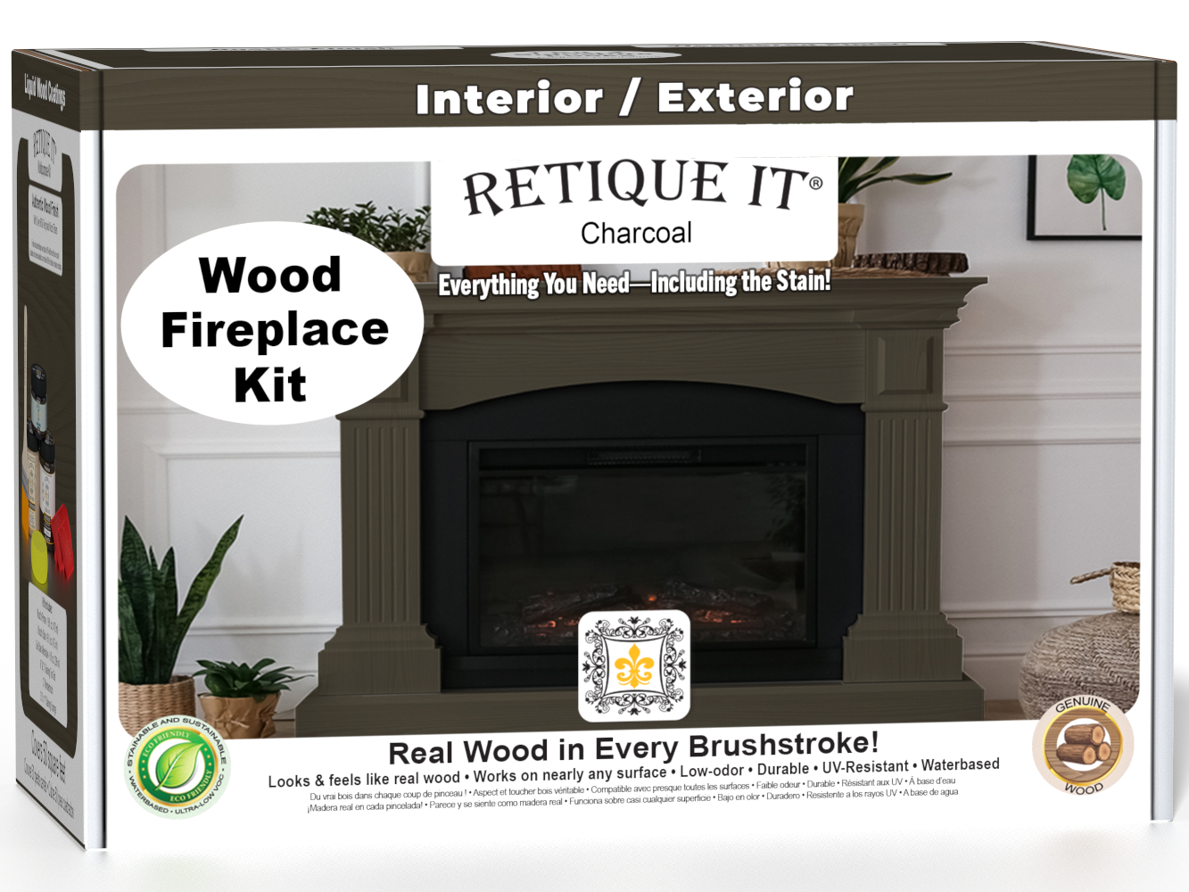 Retique It® Fireplace Wood'n Finish Kit in Charcoal, a stain set for full fireplace finishing, shown in a box with stain bottles.