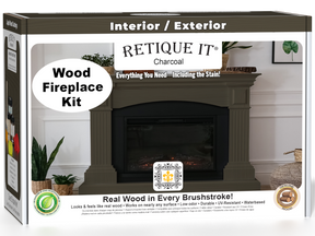 Retique It® Fireplace Wood'n Finish Kit in Charcoal, a stain set for full fireplace finishing, shown in a box with stain bottles.