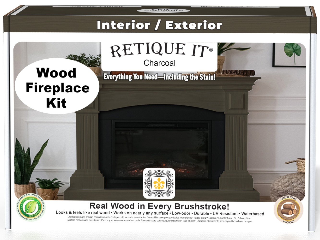 Retique It® Fireplace Wood'n Finish Kit in charcoal, stain set for full fireplace renovation, shown in box with stain bottles and tools.