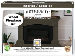 Retique It® Fireplace Wood'n Finish Kit in charcoal, stain set for full fireplace renovation, shown in box with stain bottles and tools.