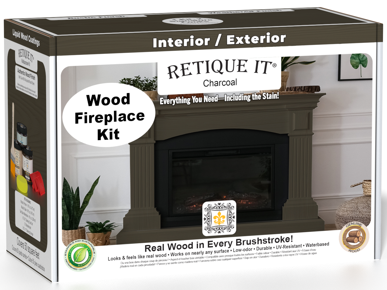 Retique It® Fireplace Wood'n Finish Kit in charcoal, a stain set for full fireplace renovation, shown in the box with application tools.