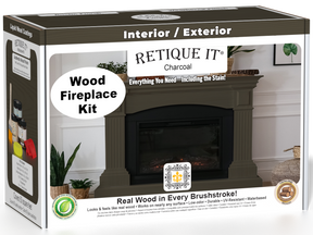 Retique It® Fireplace Wood'n Finish Kit in charcoal, a stain set for full fireplace renovation, shown in the box with application tools.