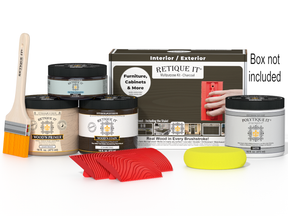 Retique It® Wood'n Kit in charcoal, medium size, exterior top coat for wood finishing, shown in the box with wood application tools.