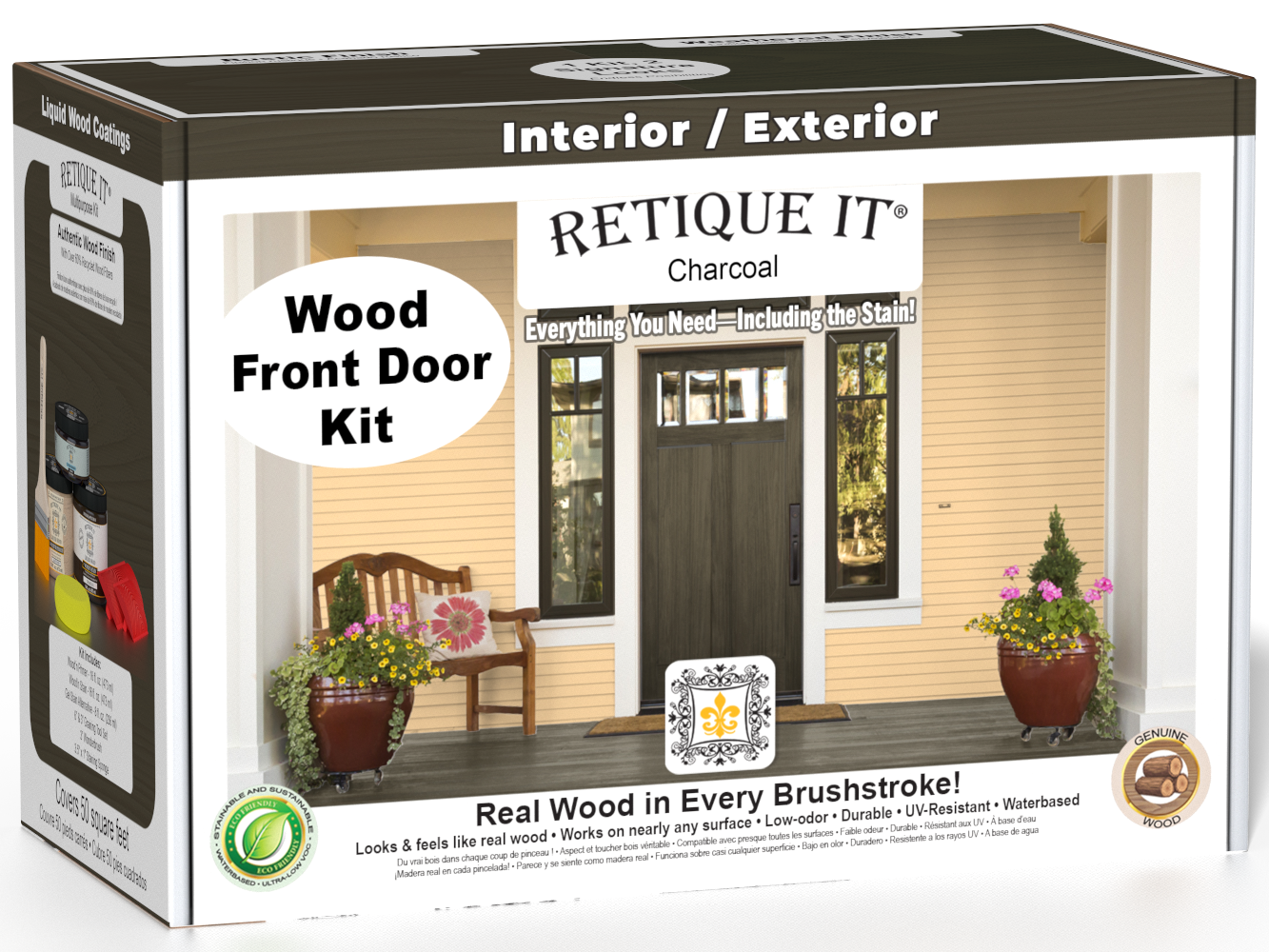 Retique It Wood'n Finish Front Door Kit in Charcoal stain, featuring the stain box and front door with a smooth, dark finish.