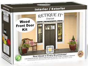 Retique It Wood'n Finish Front Door Kit in Charcoal stain, featuring the stain box and front door with a smooth, dark finish.