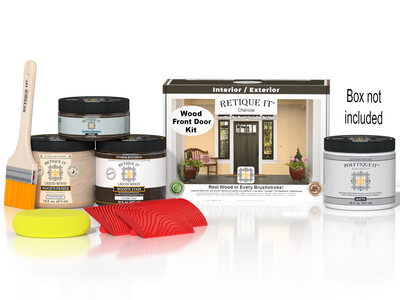Retique It Wood'n Finish front door kit in charcoal stain, showing a door with a smooth wood finish and packaging box.
