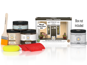 Retique It Wood'n Finish front door kit in charcoal stain, showing a door with a smooth wood finish and packaging box.