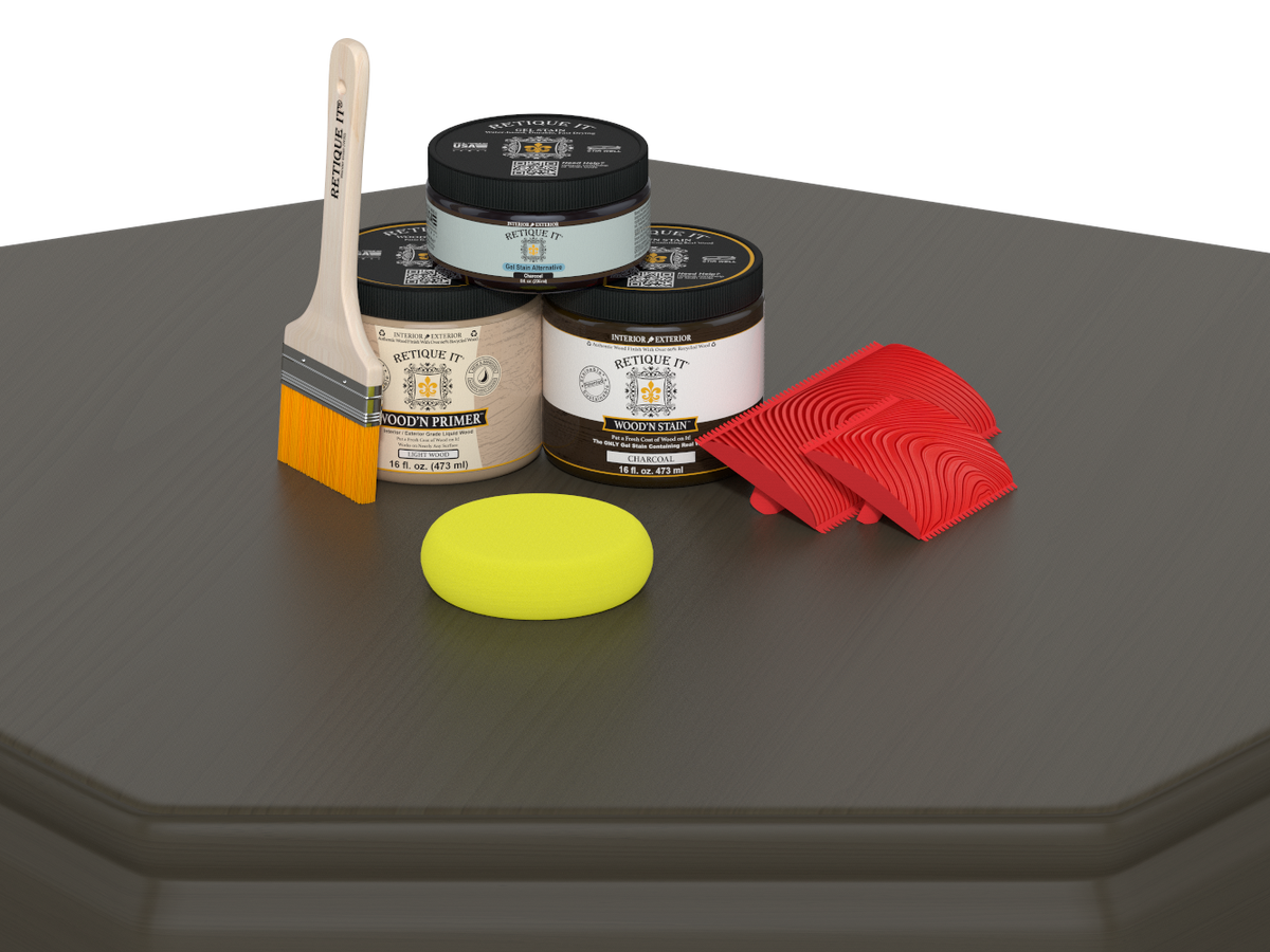 Retique It® charcoal countertop kit for kitchen islands, featuring stain application on a modern kitchen island surface.