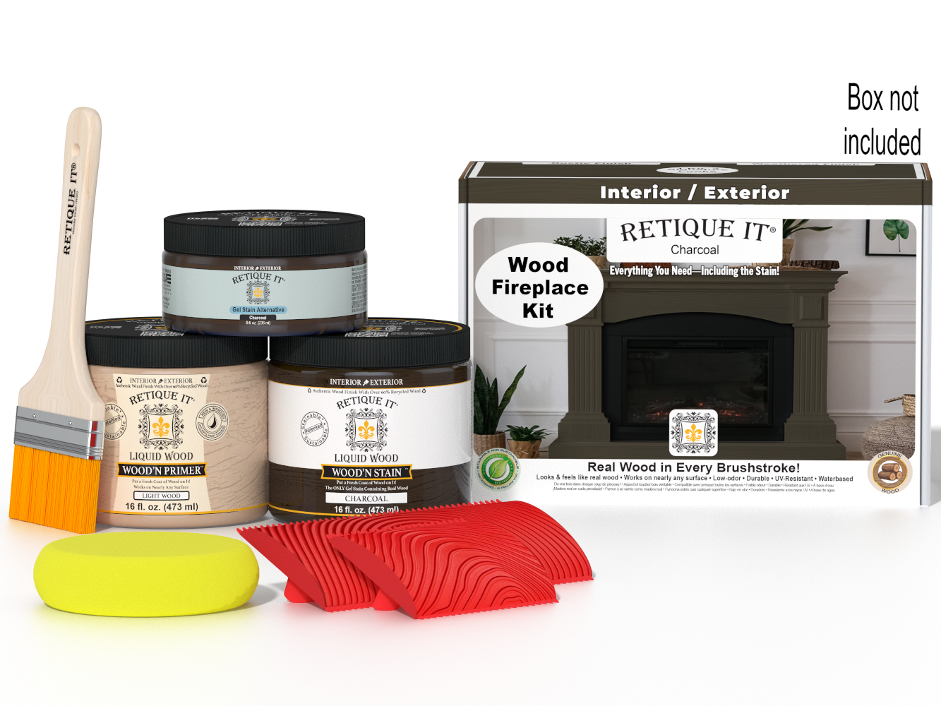 Retique It® Fireplace Wood'n Finish Kit in Charcoal stain, full fireplace project with stain and finishing supplies in the box.