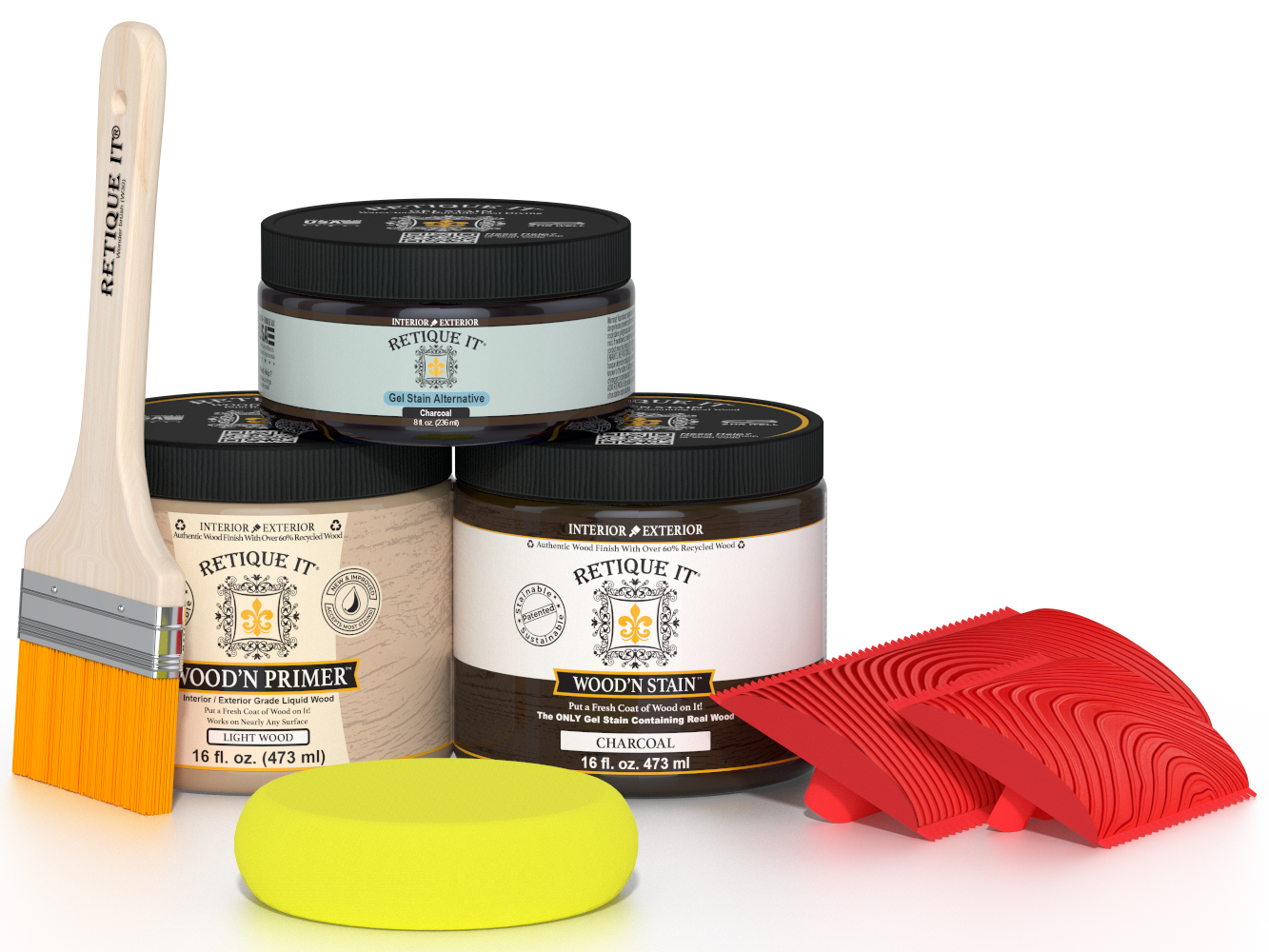 Retique It® Fireplace Wood'n Finish Kit in Charcoal for full fireplaces, includes stains and tools for a charcoal-colored wood finish.