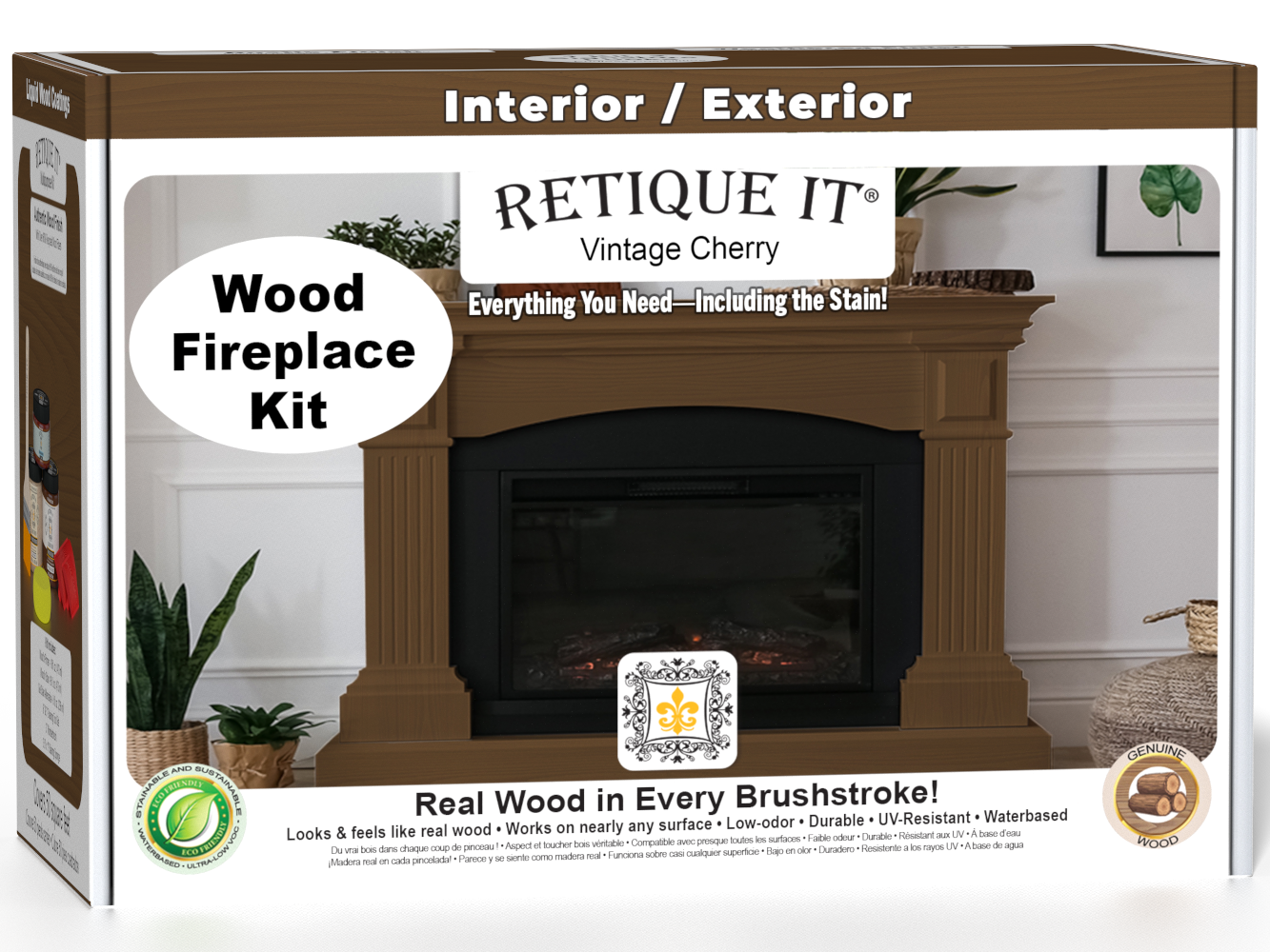 Retique It Fireplace Wood'n Finish Kit in Vintage Cherry stain, featuring stain bottles and application tools for full fireplace finishing.