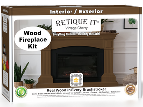 Retique It Fireplace Wood'n Finish Kit in Vintage Cherry stain, featuring stain bottles and application tools for full fireplace finishing.