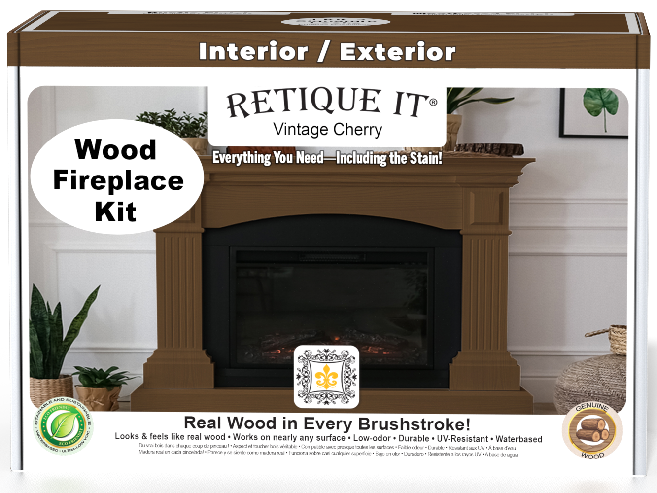 Retique It Fireplace Wood'n Finish Kit in Vintage Cherry stain, showing full fireplace with wood finish application.