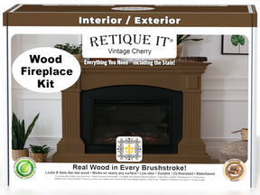 Retique It Fireplace Wood'n Finish Kit in Vintage Cherry stain, showing full fireplace with wood finish application.