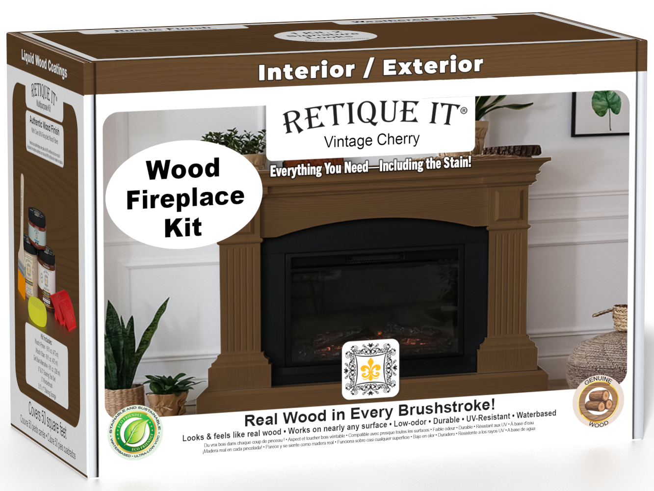 Retique It Fireplace Wood'n Finish Kit in Vintage Cherry stain for full fireplaces, showing stain bottles and finished wood surface.