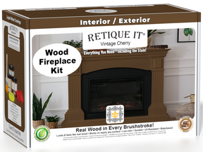 Retique It Fireplace Wood'n Finish Kit in Vintage Cherry stain for full fireplaces, showing stain bottles and finished wood surface.