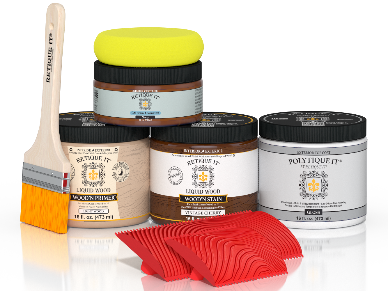 Multi-purpose Wood'n Kit in Vintage Cherry finish by Retique It with exterior top coat for wood furniture and projects.