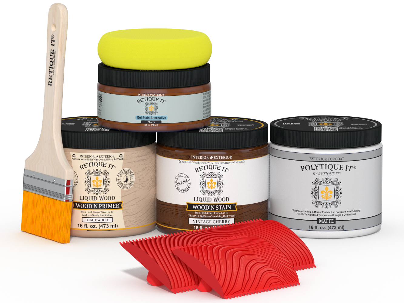 Retique It Wood'n Finish Kit in Vintage Cherry, medium-sized, with matte exterior top coat, includes wood finish and application tools.