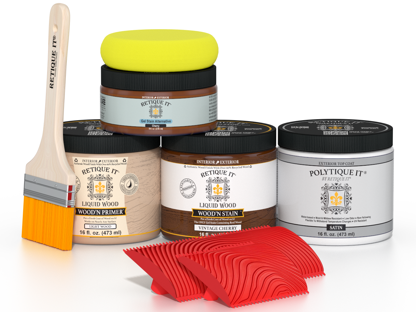Retique It Multi-purpose Wood'n Kit in Vintage Cherry with satin finish, featuring exterior top coat for wood surface protection.