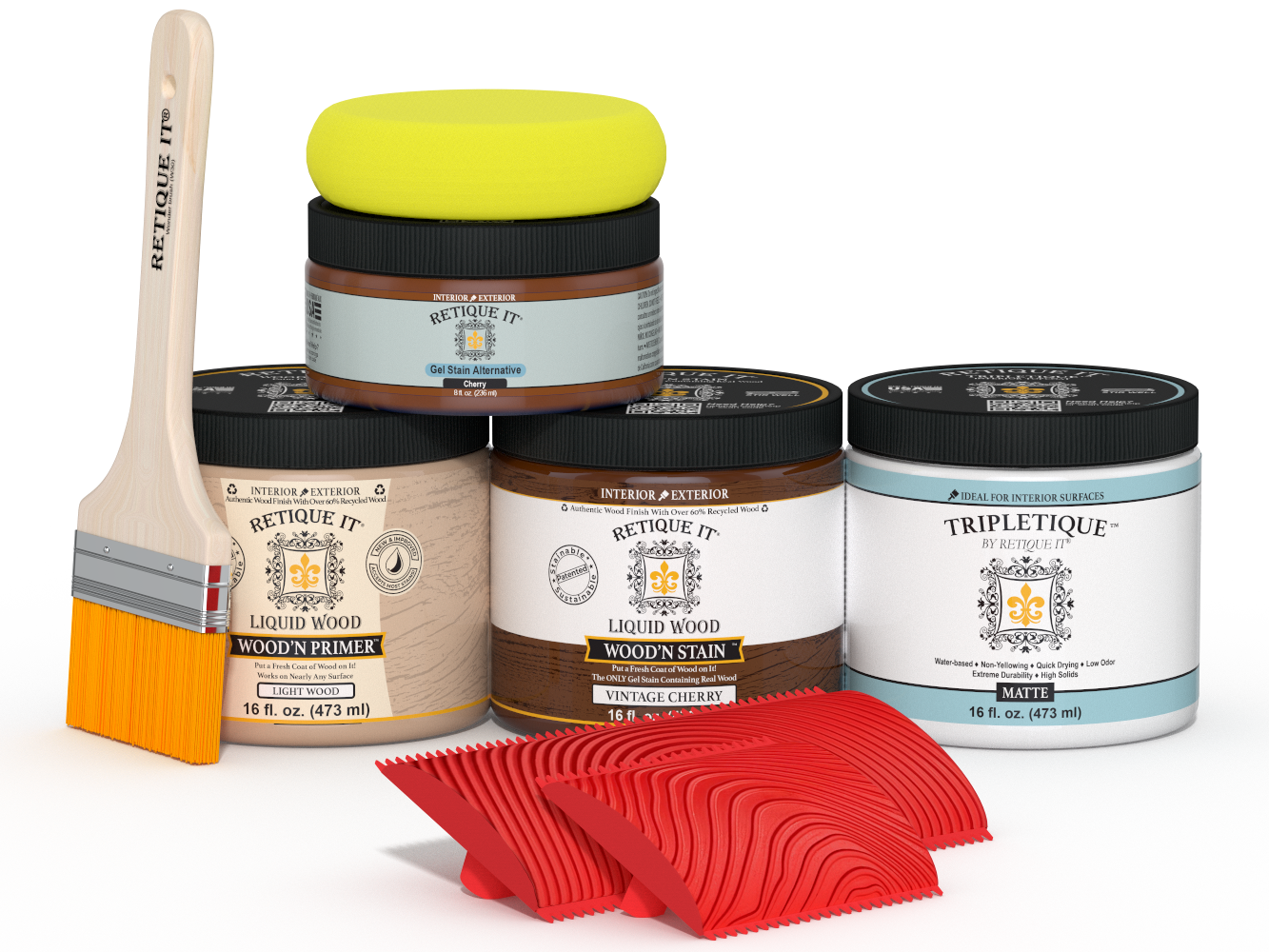 Retique It Wood'n Finish Kit in Vintage Cherry with matte top coat, showing the wood finish and application tools.