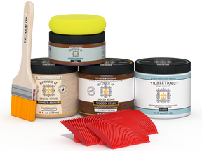 Retique It Wood'n Finish Kit in Vintage Cherry with matte top coat, showing the wood finish and application tools.