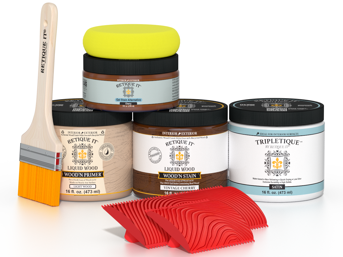 Retique It Wood'n Kit in Vintage Cherry with satin finish, includes interior top coat for multi-purpose wood finishing.