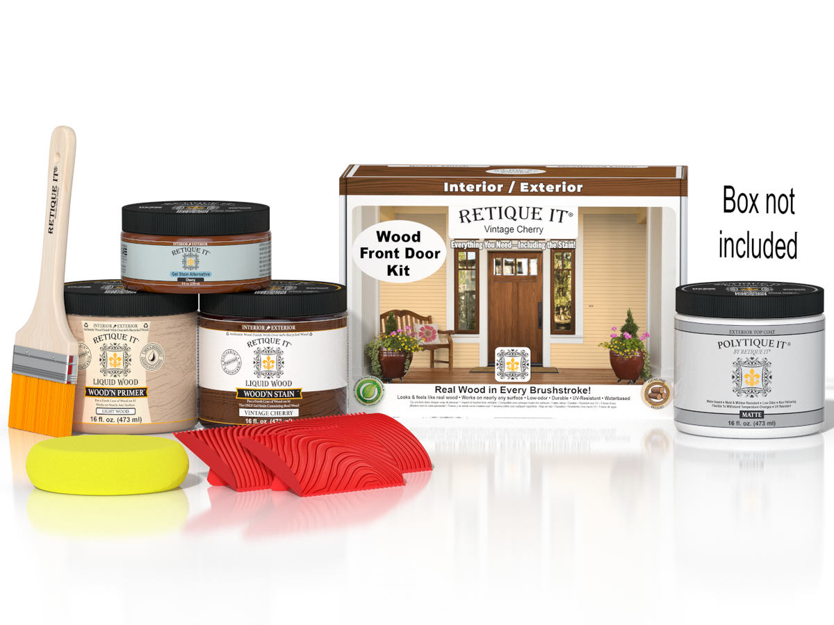 Retique It Wood'n Finish front door kit in Vintage Cherry stain showing wood grain and packaging for a stained wood door finish.