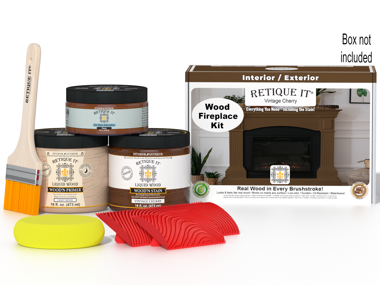 Retique It Fireplace Wood'n Finish Kit for full fireplace in Vintage Cherry stain, showing the stained wood and finishing tools.