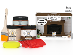 Retique It Fireplace Wood'n Finish Kit for full fireplace in Vintage Cherry stain, showing the stained wood and finishing tools.