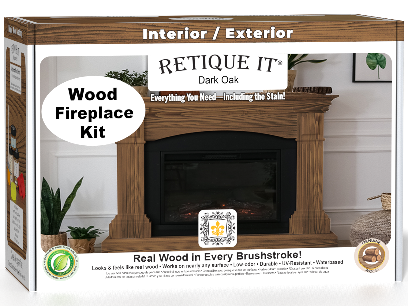 Retique It® Wood'n Finish Kit for full fireplace in dark oak stain, showing wood stain bottles and applicators for fireplace renovation.