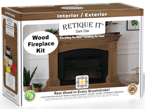 Retique It® Fireplace Wood'n Finish Kit in Dark Oak stain, showing a full fireplace with dark oak wood finish and stain containers.