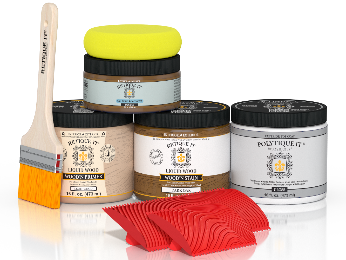 Dark oak wood finish kit by Retique It® with glossy exterior top coat in a multi-purpose Wood'n Kit (Med) package.