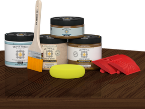 Retique It® Wood'n Finish Kit Double Size in Dark Oak stain, featuring wood stain bottles and applicator tools on a table.