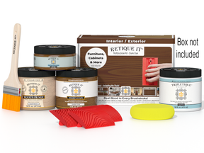 Retique It® Wood'n Kit (Med) in Dark Oak with interior top coat, featuring wood finish components in a box.