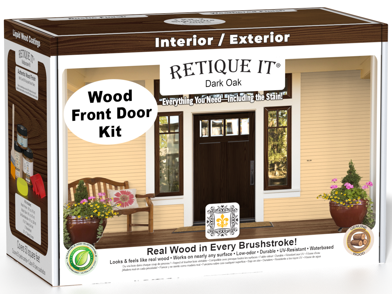 Retique It Wood'n Finish Front Door Kit in Dark Oak stain showing a stained wooden front door with dark oak finish.
