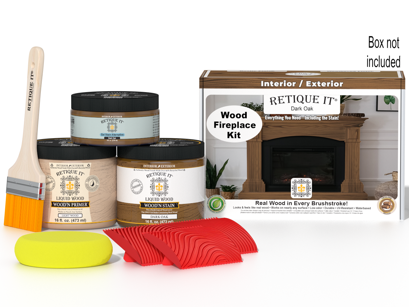 Retique It® Fireplace Wood'n Finish Kit in Dark Oak stain, showing a full fireplace with wood finish and stain application.