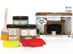 Retique It® Fireplace Wood'n Finish Kit in Dark Oak stain, showing a full fireplace with wood finish and stain application.