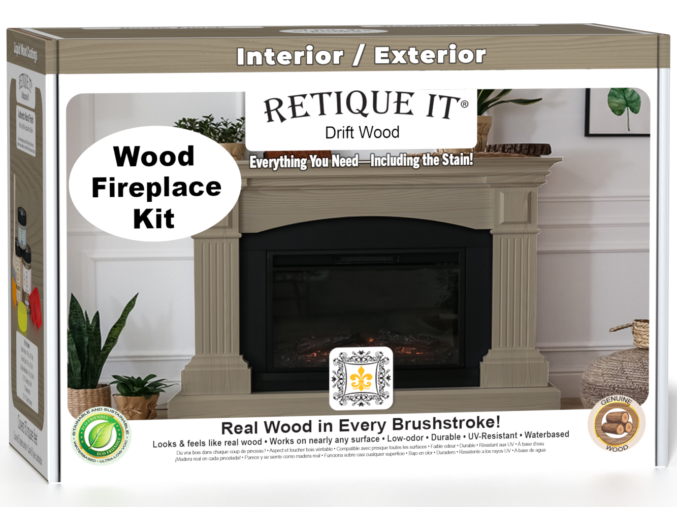 Retique It Fireplace Wood'n Finish Kit in Drift Wood stain, showing a full fireplace with wood-tone stain and finishing tools.