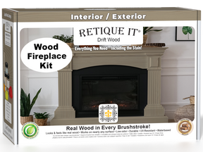 Retique It Fireplace Wood'n Finish Kit in Drift Wood stain, showing a full fireplace with wood-tone stain and finishing tools.