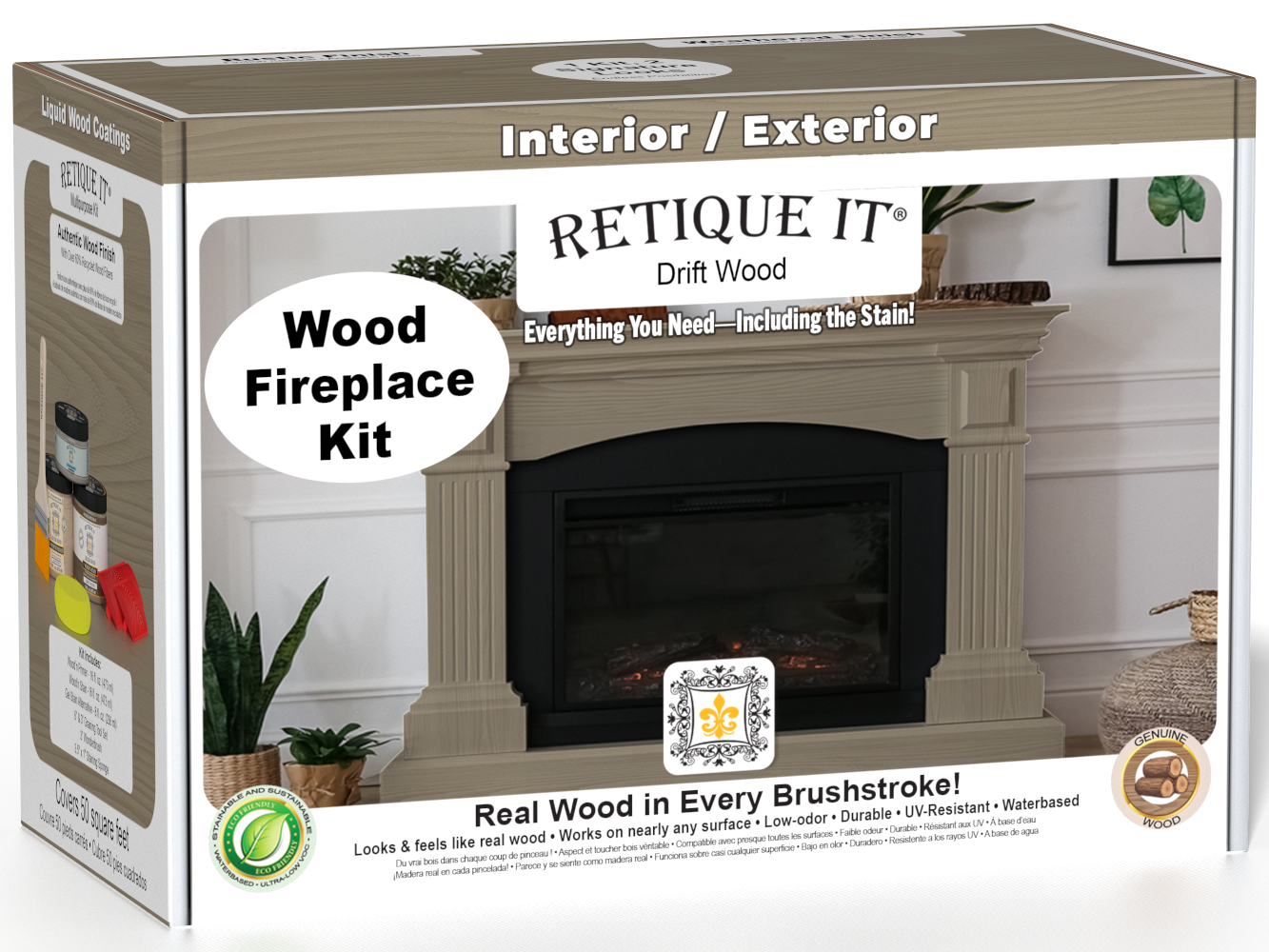 Retique It Fireplace Wood'n Finish Kit in Drift Wood stain, showing the full fireplace with wood-toned stain application.