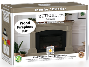 Retique It Fireplace Wood'n Finish Kit in Drift Wood stain, showing the full fireplace with wood-toned stain application.