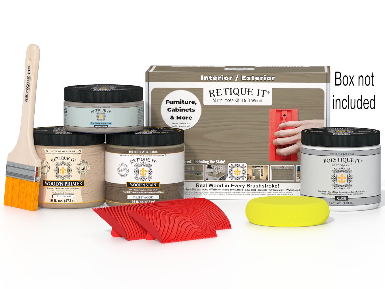 Retique It® Wood'n Finish Kit in Drift Wood for exterior top coat, includes wood stain and protective finish in a box.