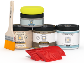 Retique It® Wood'n Finish Kit in Drift Wood for interior use, featuring matte top coat and multi-purpose wood finishing tools.