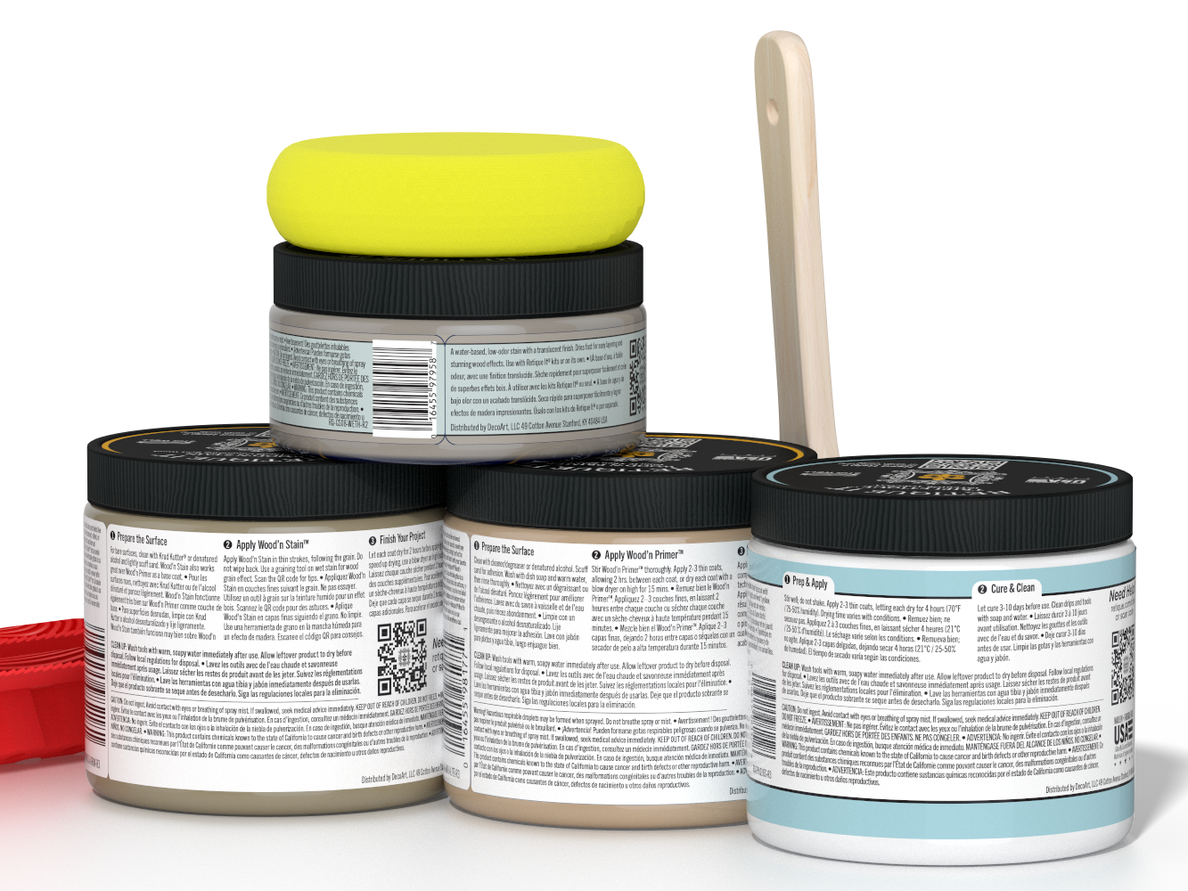 Back view of Retique It® Wood'n Finish Kit in Drift Wood for interior top coating, showing application tools and product packaging.