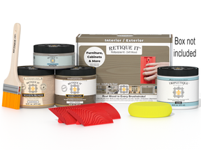 Retique It® Wood'n Kit in driftwood finish, medium size, showing the box with wood finish and interior top coat for furniture.